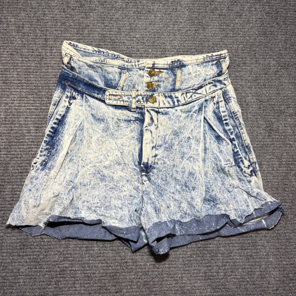 Vintage Palmettos Acid Wash Denim Shorts High Waist Pleated USA Made Blue Sz 13